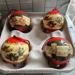 4 Vintage Christmas Balls Angel Cherub Music, Ornaments Paper Mache Decoupage